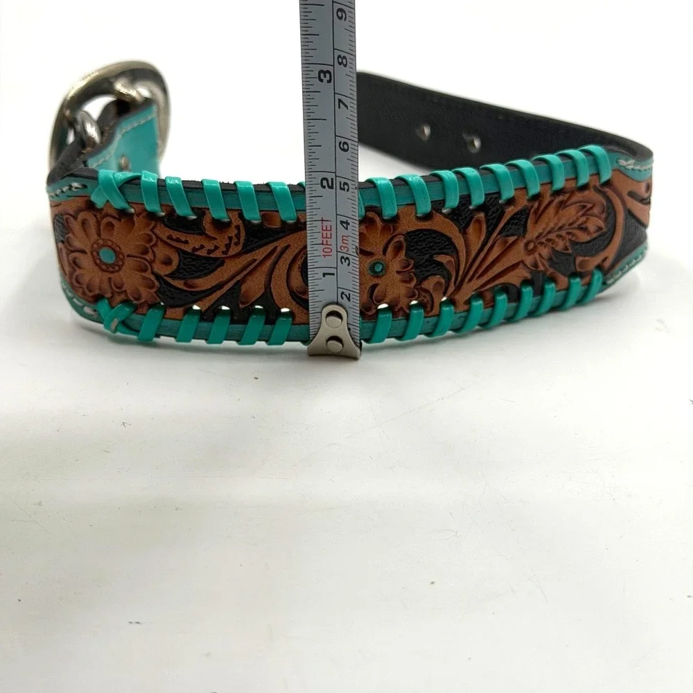 Myra Bag Acety Hand Tooled Leather Dog Collar Turquoise Whipstitch Floral Small